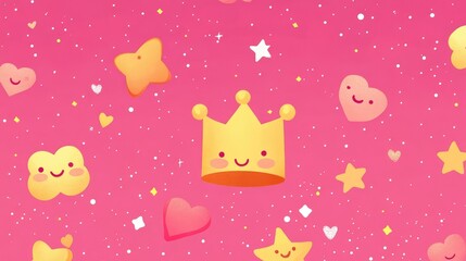 A playful pattern featuring cute stars, hearts, and a smiling crown on a pink background.