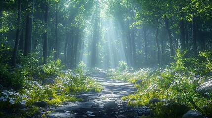 Obraz premium Sunbeams illuminate a misty forest path. (1)
