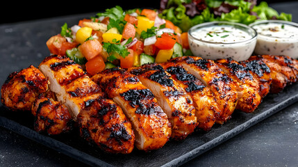 Grilled chicken breast, salad, and sauces. Delicious meal