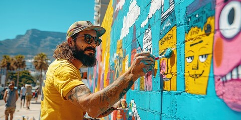 Vibrant Street Artist Creating Colorful Mural in Urban Setting