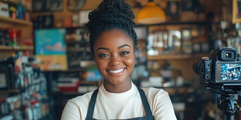 A young woman is seen smiling at the camera, standing in a photography studio filled with equipment and props. She appears engaged and enthusiastic about her work.