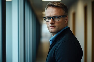 Obraz premium A person standing in an office with a serious expression, wearing glasses and business attire.