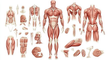 Detailed anatomical illustration showcasing the human muscular system with muscle fibers and anatomical structures. Generative AI