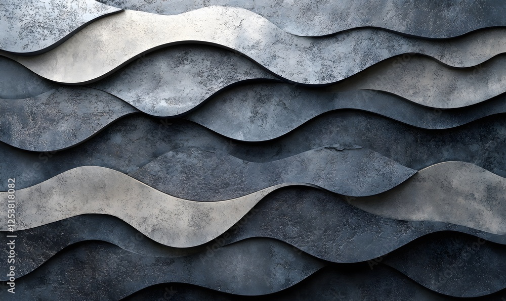 Poster abstract metallic wave pattern background with deep blues and silvers, repeating design
