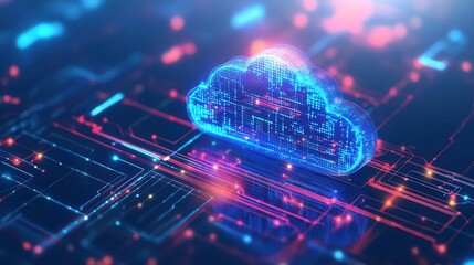 Obraz premium Cloud Storage Concept with Circuit Board Background and Futuristic Data Processing Elements