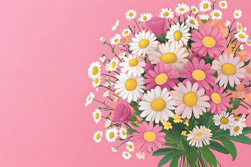 Fototapeta premium A vibrant bouquet of colorful flowers including daisies and roses against a soft pink background