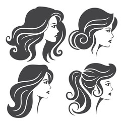 Elegant Women's Hairstyles Stylized Silhouette Illustrations in Black and White