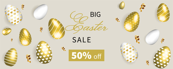 Sale banner Easter on beige background with 3d golden eggs. Elegant vector banner, poster, discount coupon