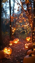 Autumn pathway adorned with glowing lights and pumpkins during twilight in a serene setting