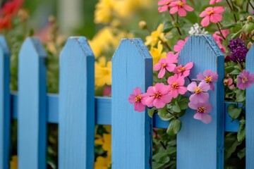Fototapeta premium Pink and purple flowers growing through a blue picket fence