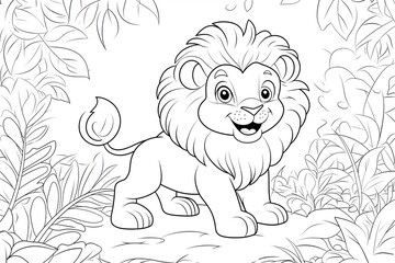 Cute lion cartoon coloring book drawing of baby lion in jungle nature
