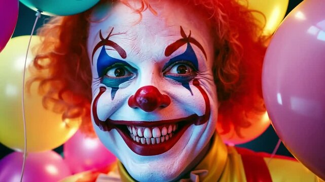 This captivating video features a clown with a big smile surrounded by colorful balloons. Ideal for party themes and entertainment purposes. Generative AI