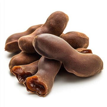 Fresh sweet tamarinds arranged in a small pile, with their cracked pods revealing the sticky, rich pulp inside, on a clean white background 