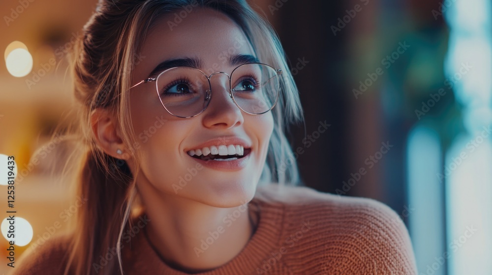 Wall mural The image features a cheerful woman smiling at the camera, wearing glasses and a colorful sweater in an indoor setting with decorative lights and plants. She is captured in mid-smile, creating a sense