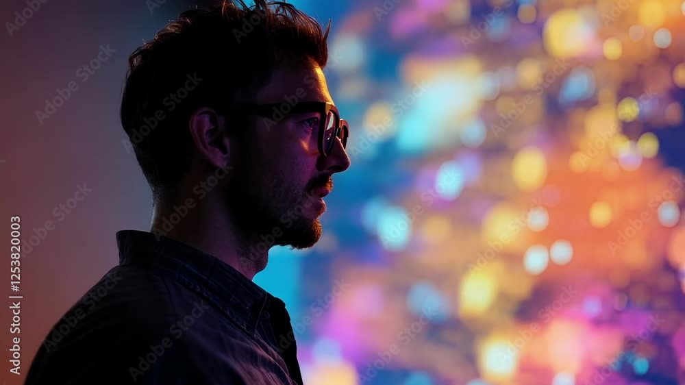 Poster businessman wearing glasses is observing colorful bokeh lights displayed on a large screen in a dark