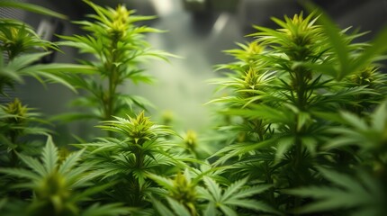 Fototapeta premium Lush cannabis plants thriving under soft light, showcasing their intricate leaf structure and vibrant growth.