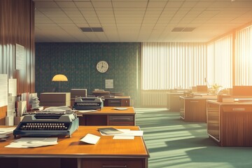 Empty vintage office featuring wooden desks, typewriters, and office supplies bathed in sunlight from large windows creating a nostalgic atmosphere with neatly arranged workspace and decor