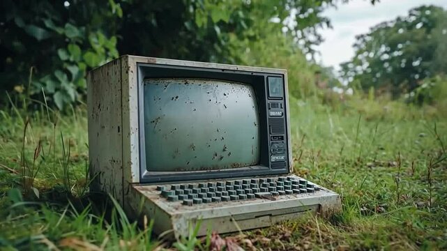 This video shows an old computer abandoned in nature. It symbolizes the clash of technology and the environment. A nostalgic reminder of days gone by. Generative AI.