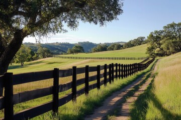 Fototapeta premium Dirt road running along wooden fence in green meadow