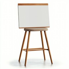 Blank whiteboard on wooden stool against white background, ideal for mockup or presentation