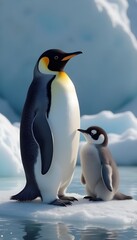 Obraz premium A mother penguin with it's baby on an ice berg in intarctic landscape 