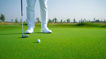 Obraz premium A professional golfer practicing putting techniques on a golf course green, with golf clubs and precision golf strokes, Golf practice scene