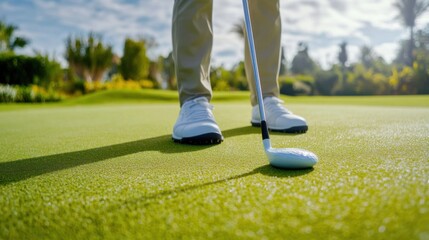 A professional golfer practicing putting techniques on a golf course green, with golf clubs and precision golf strokes, Golf practice scene