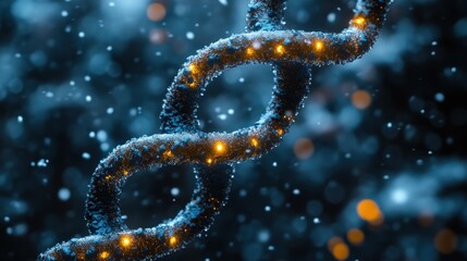 Glowing DNA helix in dark space.