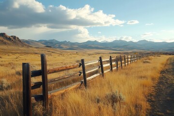 Obraz premium Wooden fence running through dry grass field in mountain valley