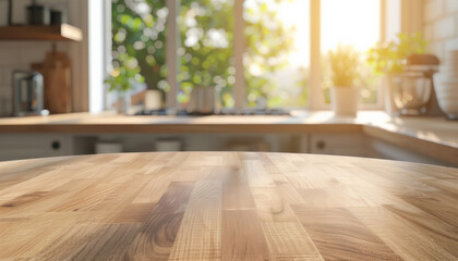 sunlit kitchen with wooden table in foreground, featuring blurred background elements like plants and kitchenware, creating warm and inviting atmosphere