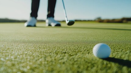 A professional golfer practicing putting techniques on a golf course green, with golf clubs and precision golf strokes, Golf practice scene