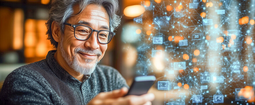 Senior man enjoys digital connection while using smartphone in a cozy indoor cafe during the afternoon - Powered by Adobe