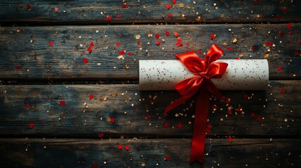Creative gift wrap with a red bow on wooden table surrounded by confetti pieces