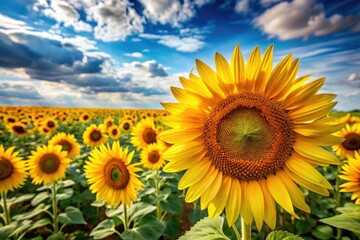 Fototapeta premium Close-up view of sun-drenched sunflowers, their yellow petals ablaze against a blue summer sky.