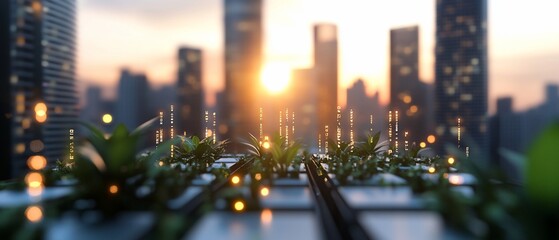 Cityscape sunset, rooftop plants, urban greening