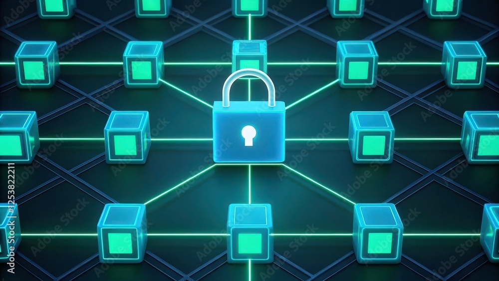 Poster a large padlock with a keyhole in the center is surrounded by numerous green blocks connected by glo