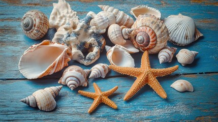 Vibrant assortment of seashells and starfish arranged on a blue surface, offering a close-up view of their natural beauty.