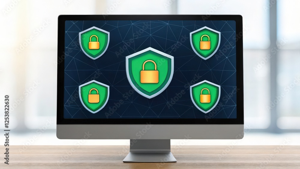 Poster a computer monitor displaying five shields with padlocks, symbolizing security and protection. the i