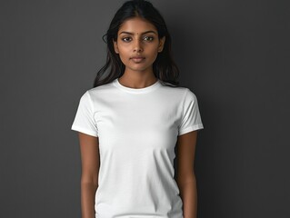 Obraz premium The image features a woman wearing a white t-shirt with vertical stripes on a dark background, which is commonly used in online retail or fashion promotion.