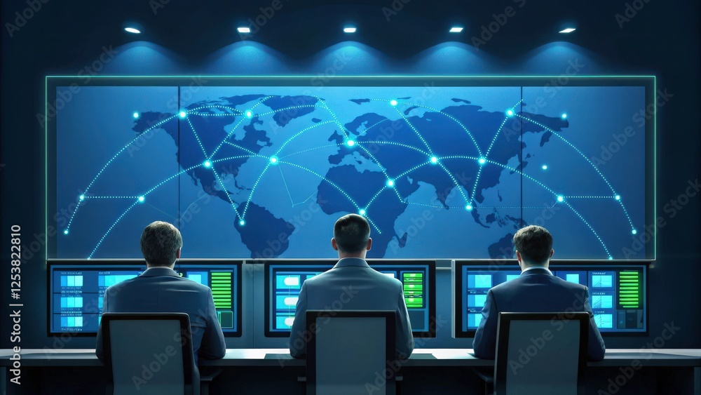 Poster four men working in a dark control room, they are monitoring the world map on a big screen with ligh
