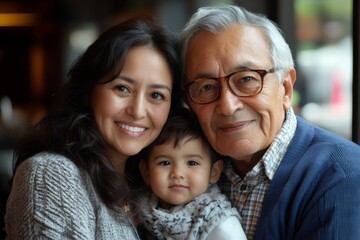 Happy family posing for a portrait, showing three generations of love and connection