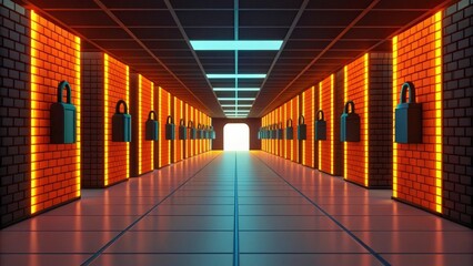 Fototapeta premium Cybersecurity Corridor: Glowing Orange and Teal Digital Security Tunnel 