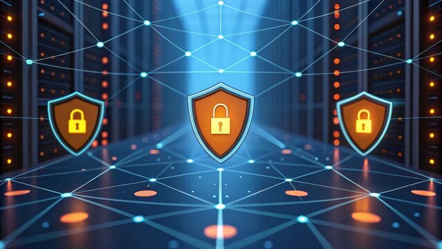 three shields with padlocks in front of server room with blue glowing lines and network connection in background