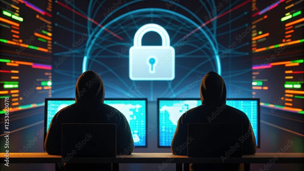 Poster cybersecurity experts working late to protect data, a large padlock hologram glows between them