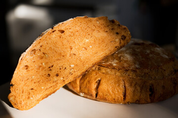 Cut sourdough bread with tomatoes