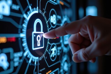 Fototapeta premium A high-tech digital padlock being unlocked by a fingerprint, set against a futuristic technology-themed background. The glowing biometric scanner highlights advanced security