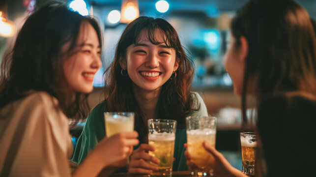 Japanese women sharing drinks, laughing together during nighttime bar socializing