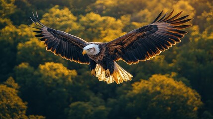 Obraz premium Majestic eagle soaring through sunlit forest canopy capturing the essence of freedom and grace