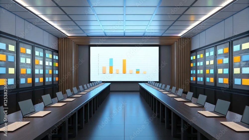 Poster a large conference room with a long table and chairs, a projector screen displaying a chart or graph