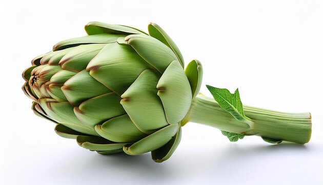 green artichoke edible flower italian vegetable carciofo n close up on leaves and stem n isolated on white background
